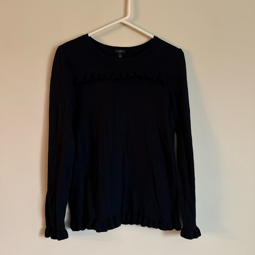 Talbots Cotton Cashmere Black Ruffle Knit Sweater Medium Petite